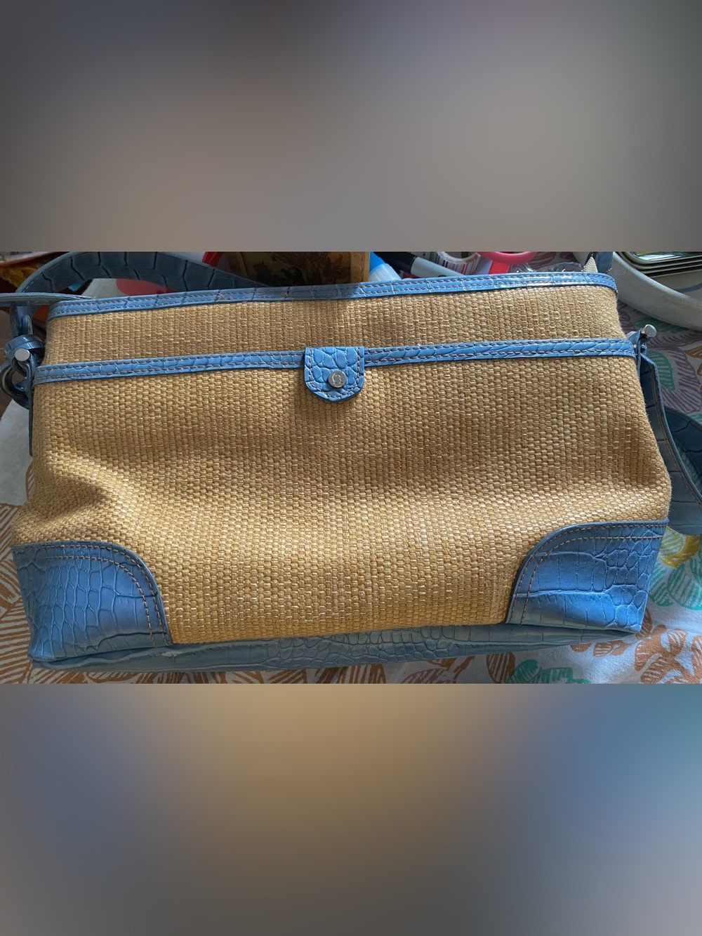 Etienne Aigner Blue and Tan Summer Purse. 4 Compartments,2 Pockets. GC Zipper GC